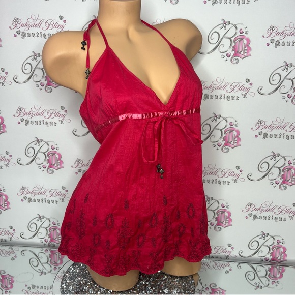 Guess tank top boho embroidered bottom paisley print beaded ties red halter - Picture 9 of 12